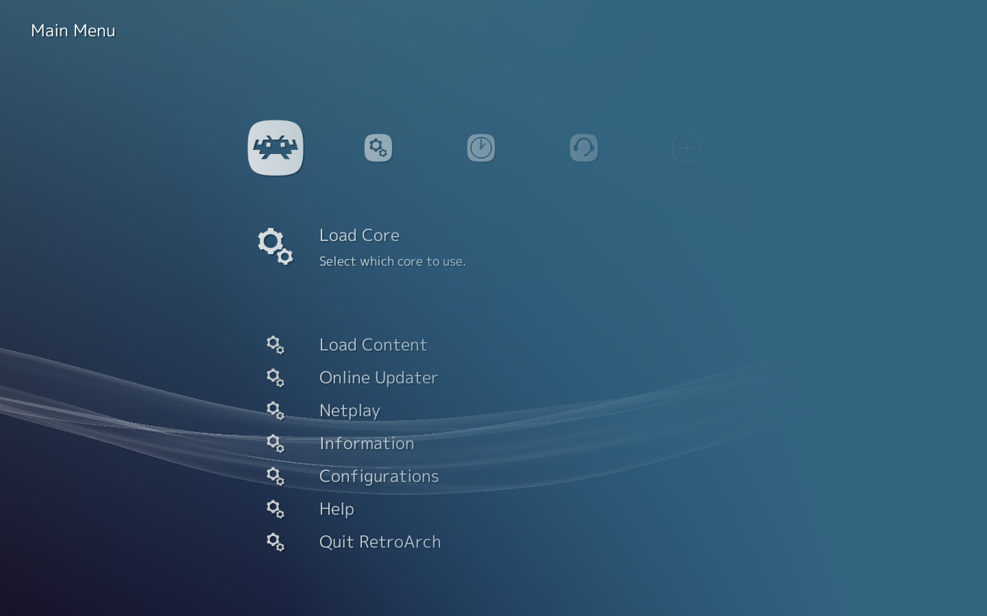 XMB-style RetroArch menu with Load Core highlighted