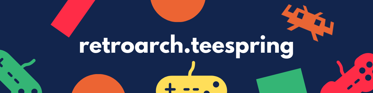 Color field banner pointing at RetroArch apparel