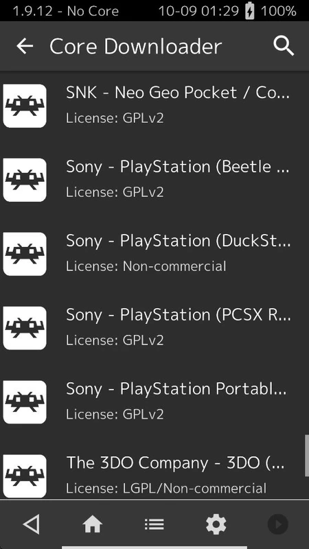 Core Downloader listing PlayStation and 3DO cores