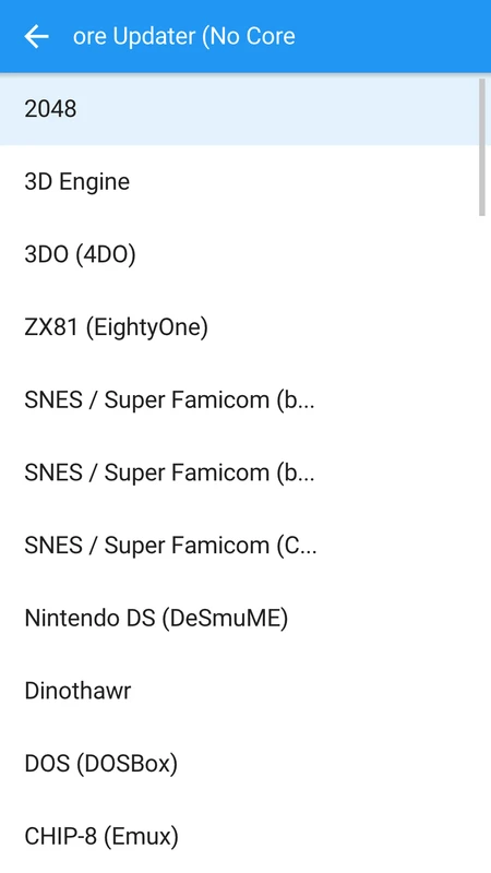 Core updater list including 2048, SNES cores and DOSBox