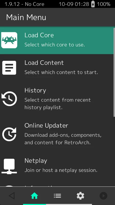 MaterialUI Main Menu with Load Core selected