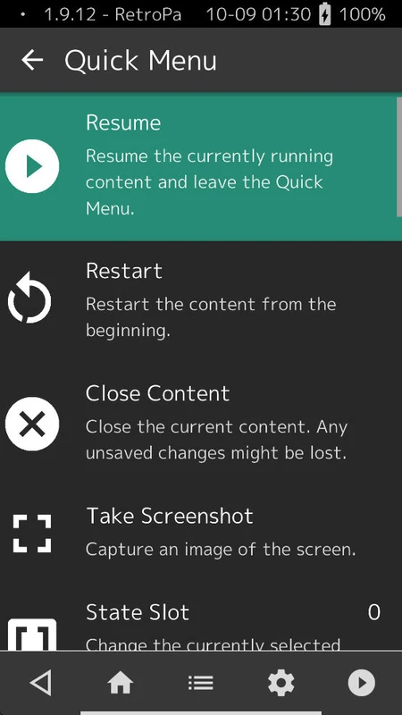 Quick Menu with Resume, Restart, Close Content and State Slot